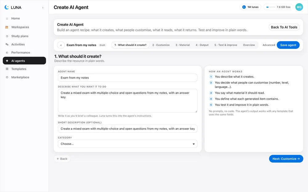 Agent builder, step 1: say in plain language what the agent does