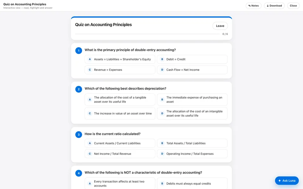 An interactive quiz answered inside Luna