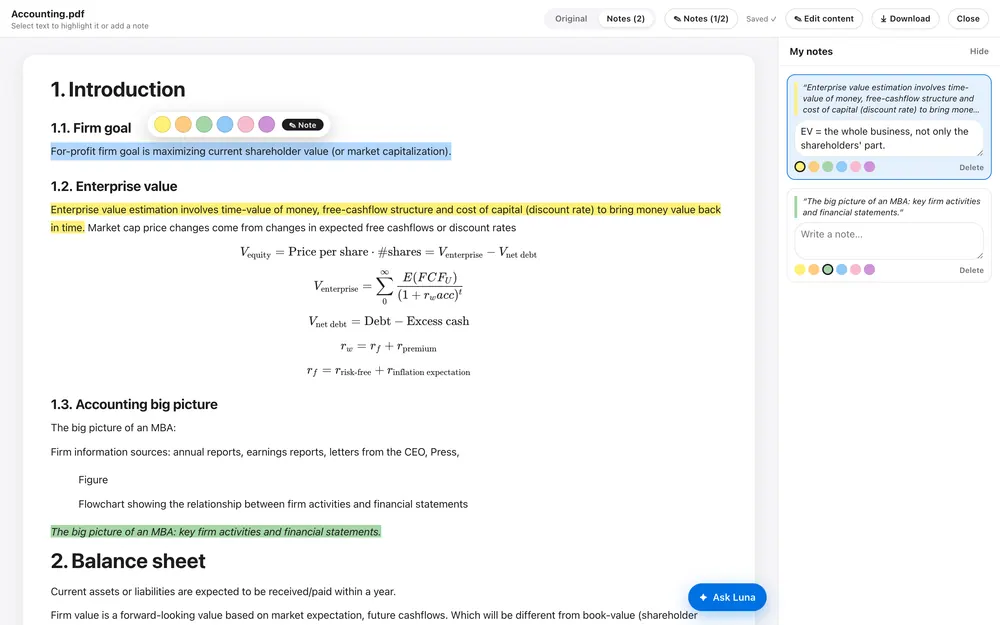 The reader with a sentence selected: highlight colours and a note box