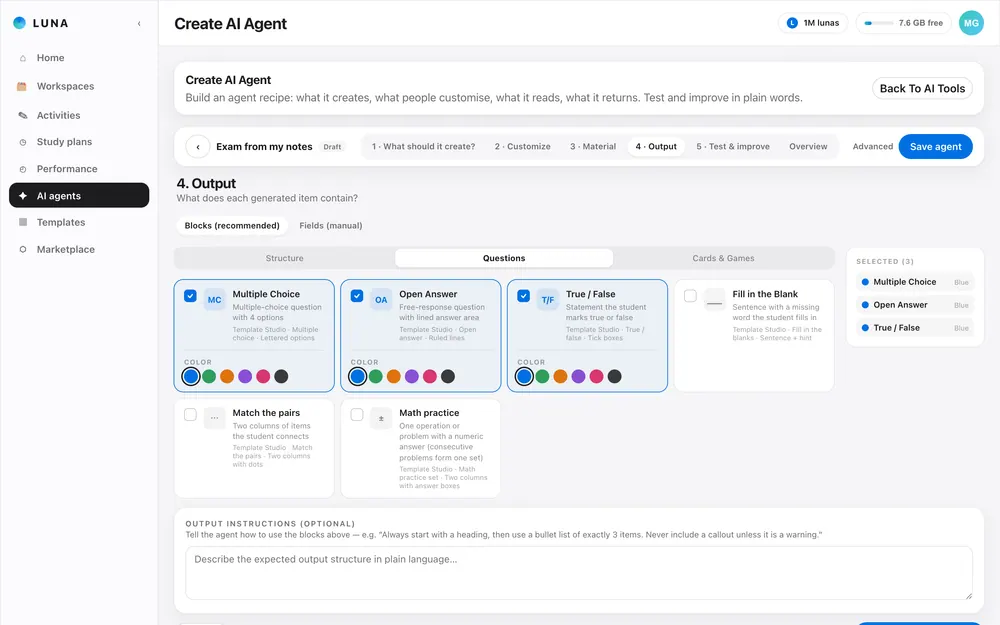 Agent Studio, step 4: pick the output blocks the agent may use