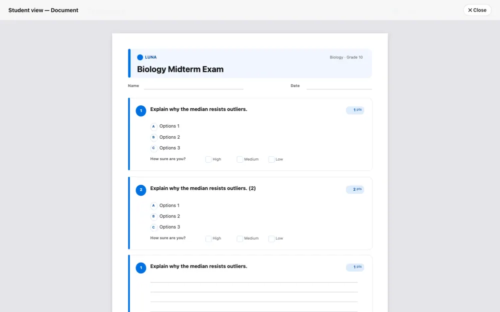 A4 preview of an exam template, student view