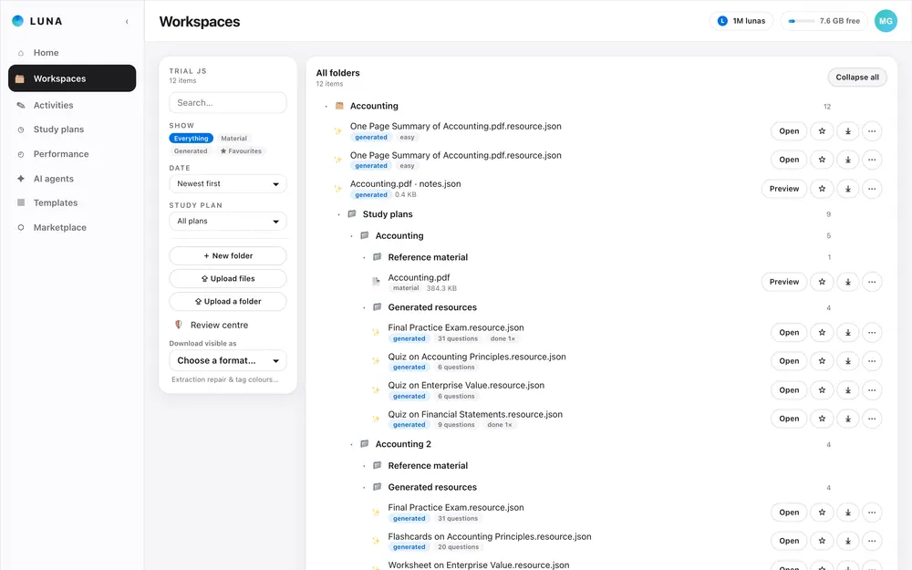 Workspaces: your documents and generated resources, organised the way you choose